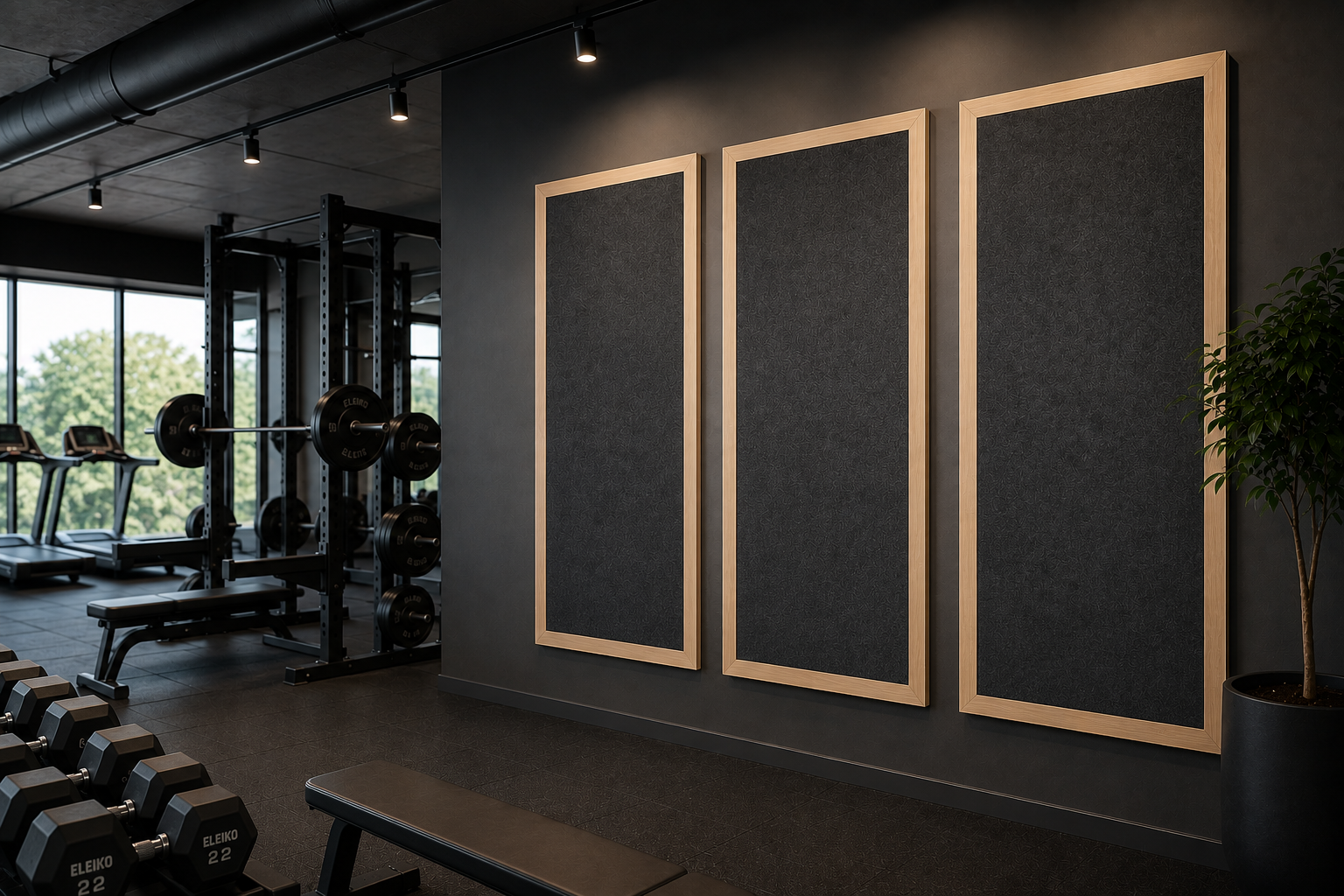 Nordic Silence Panels monteret i moderne fitnessrum med sort filt og egetræsrammer